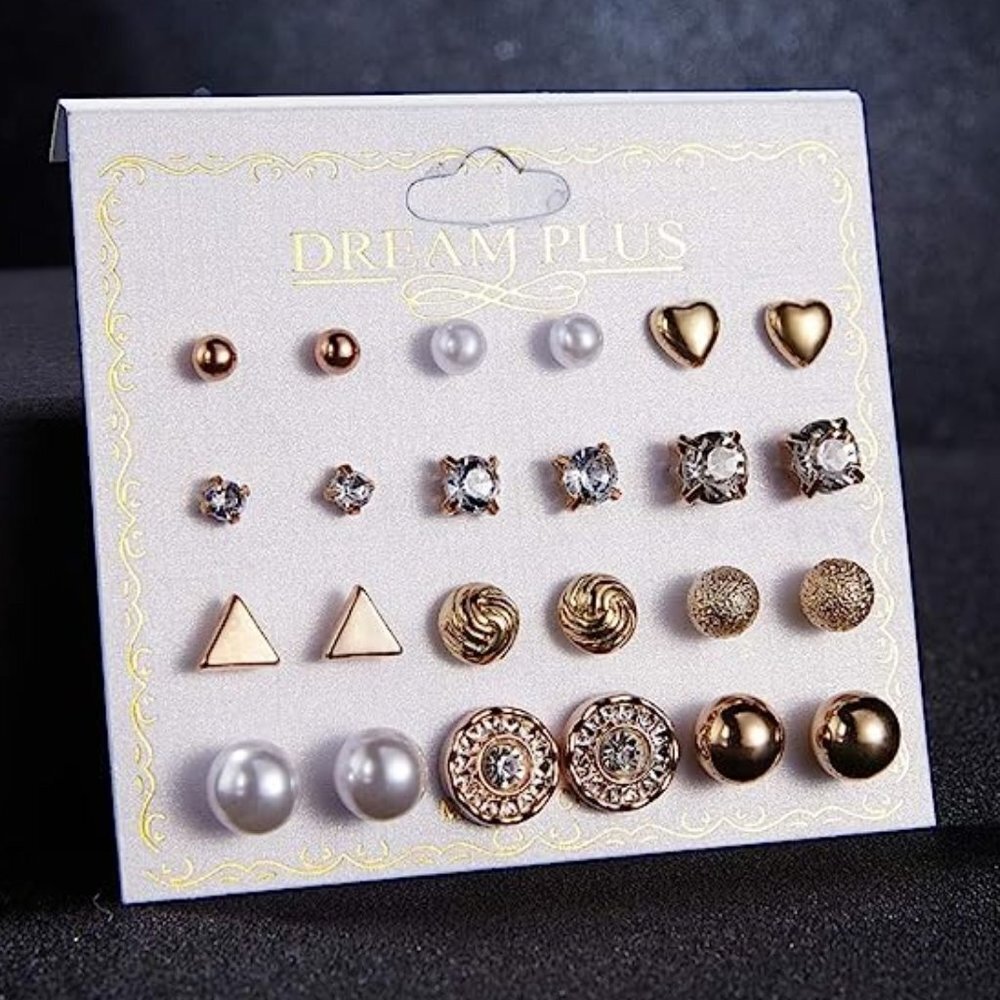 😍12 PAIR 14K GOLD SILVER SIMPLE CLASSIC CRYSTAL PEARL SPARK STUD EARRINGS, F273 - Picture 11 of 12